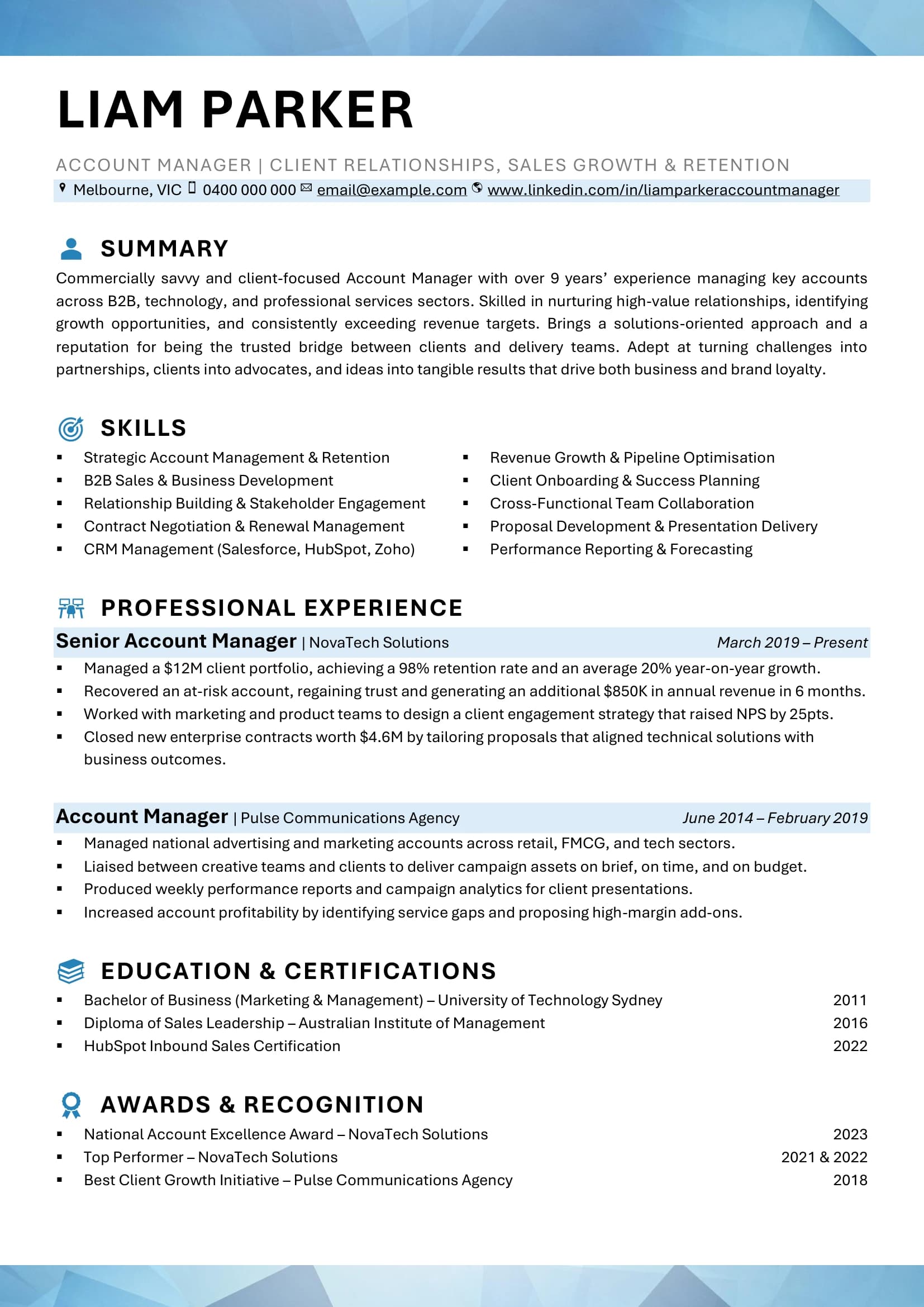 Preview of the Account Manager resume template with metrics-driven highlights.