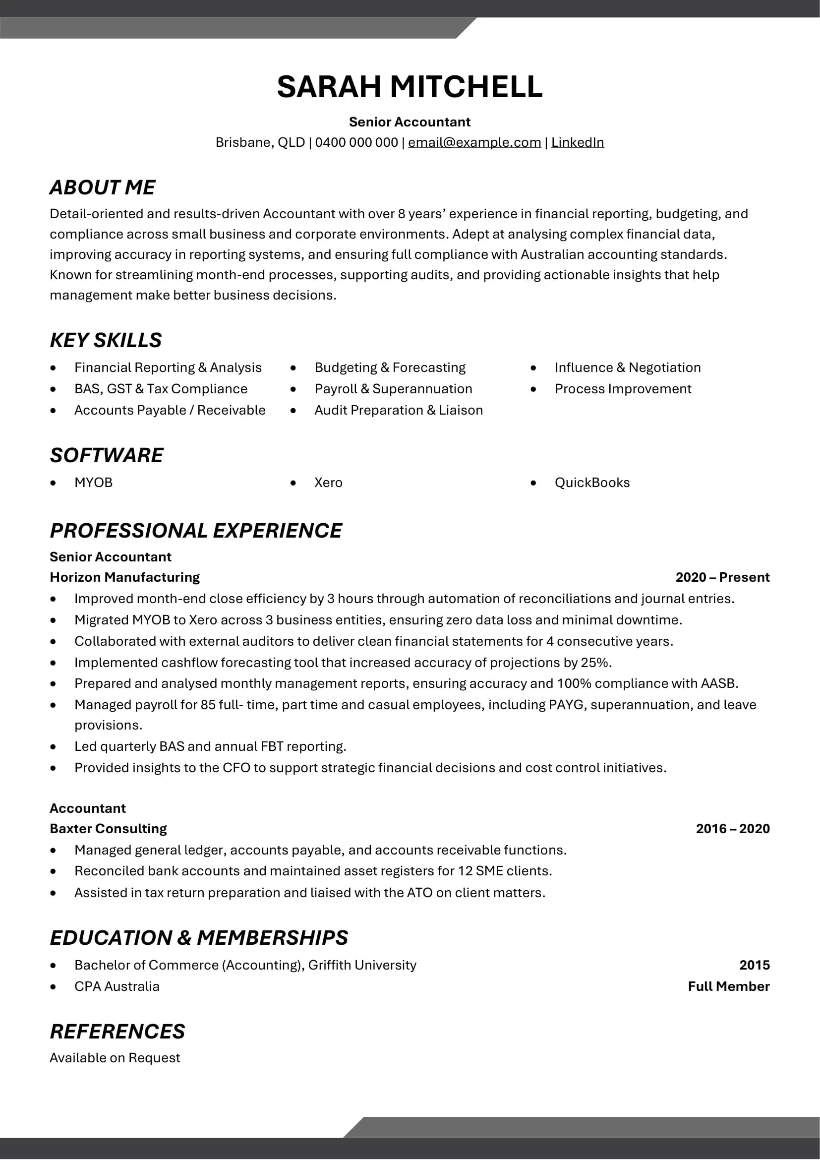 Accounting resume template showing financial reporting achievements and software tools.