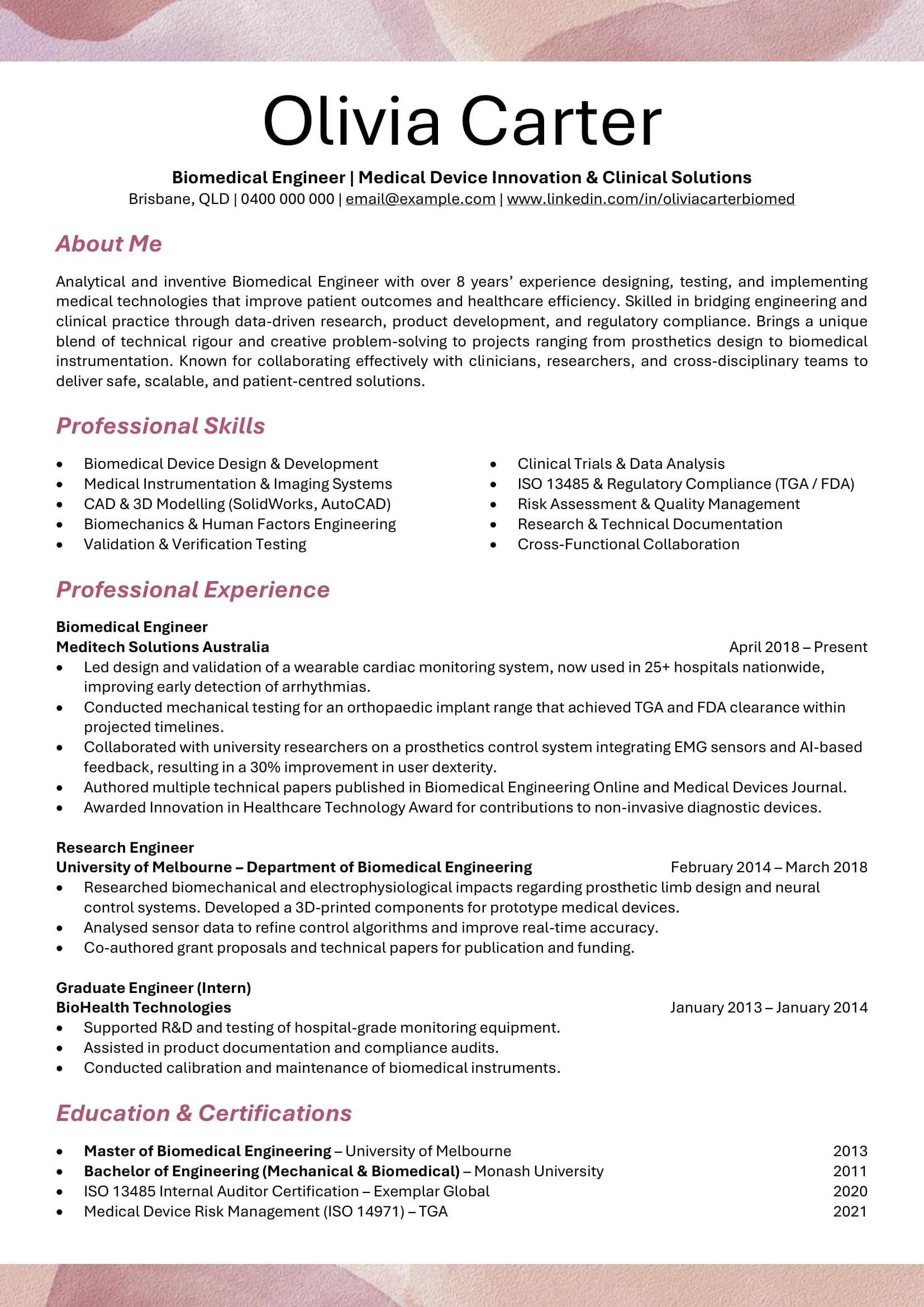 Biomedical Engineer resume template showing device development milestones.