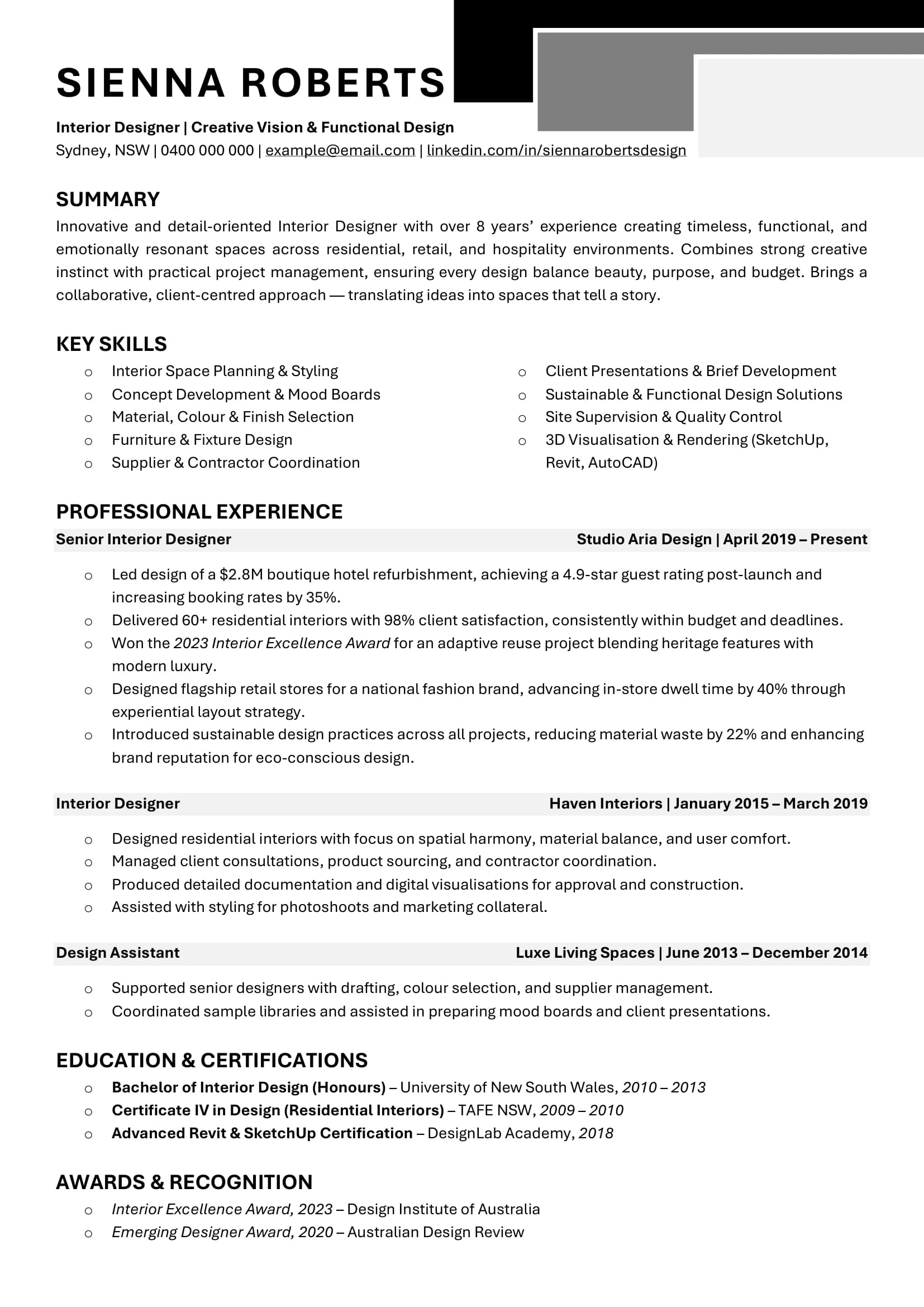 Interior Designer resume template with project portfolio highlights.