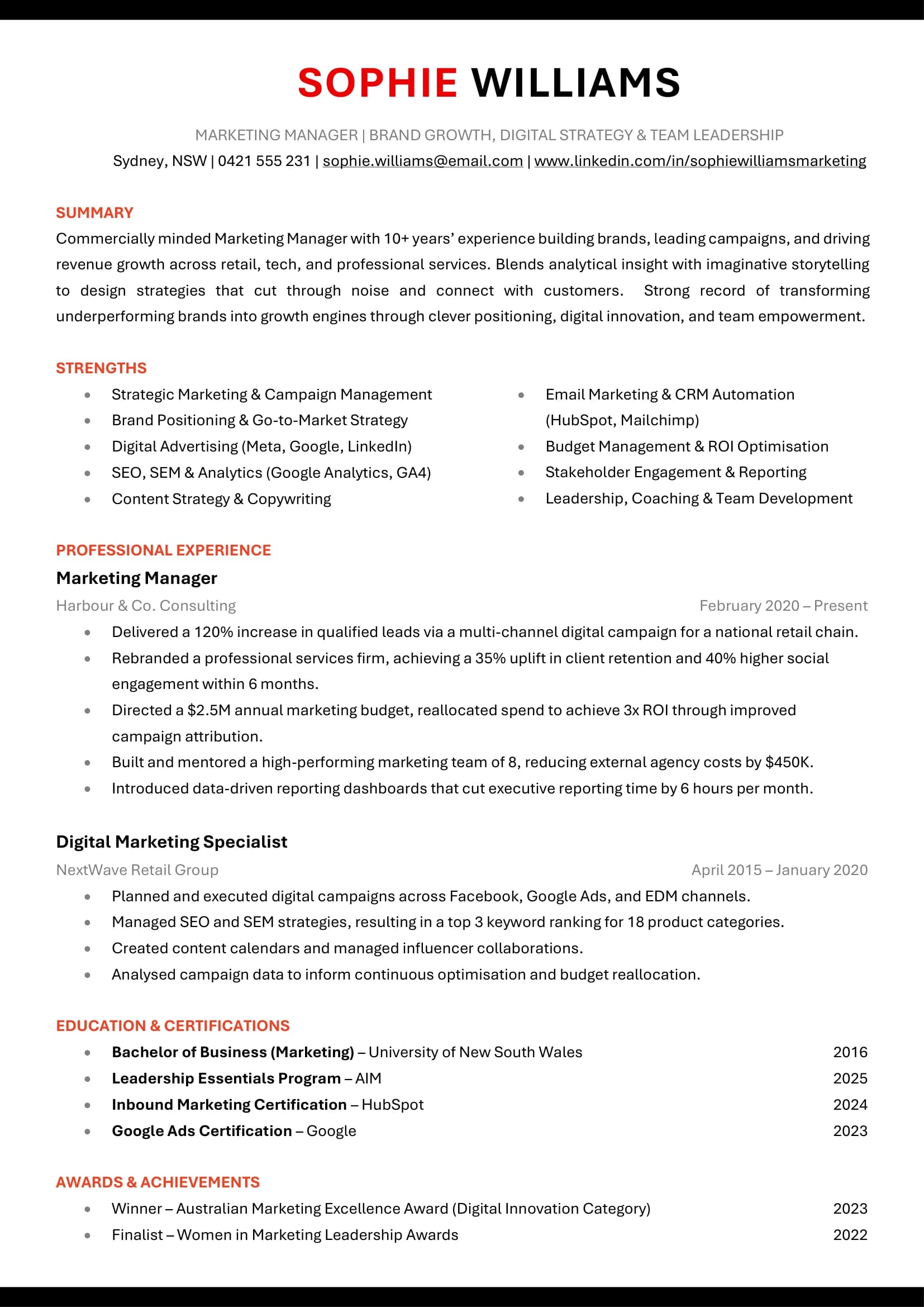Marketing Manager resume template highlighting campaign analytics and leadership.