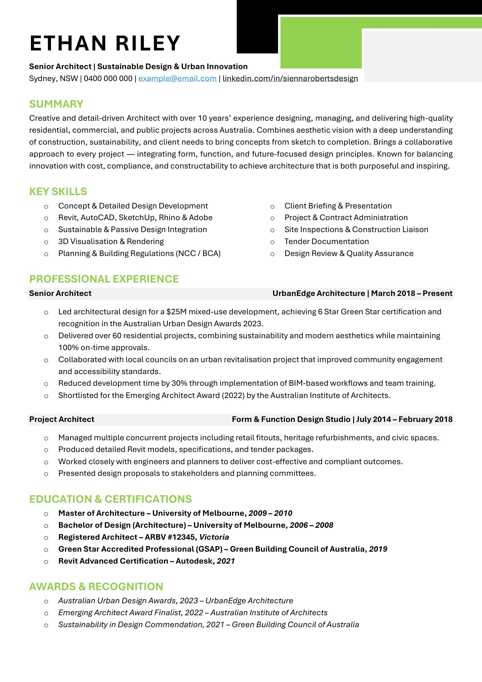 Senior Architect resume template featuring project leadership and design recognition.