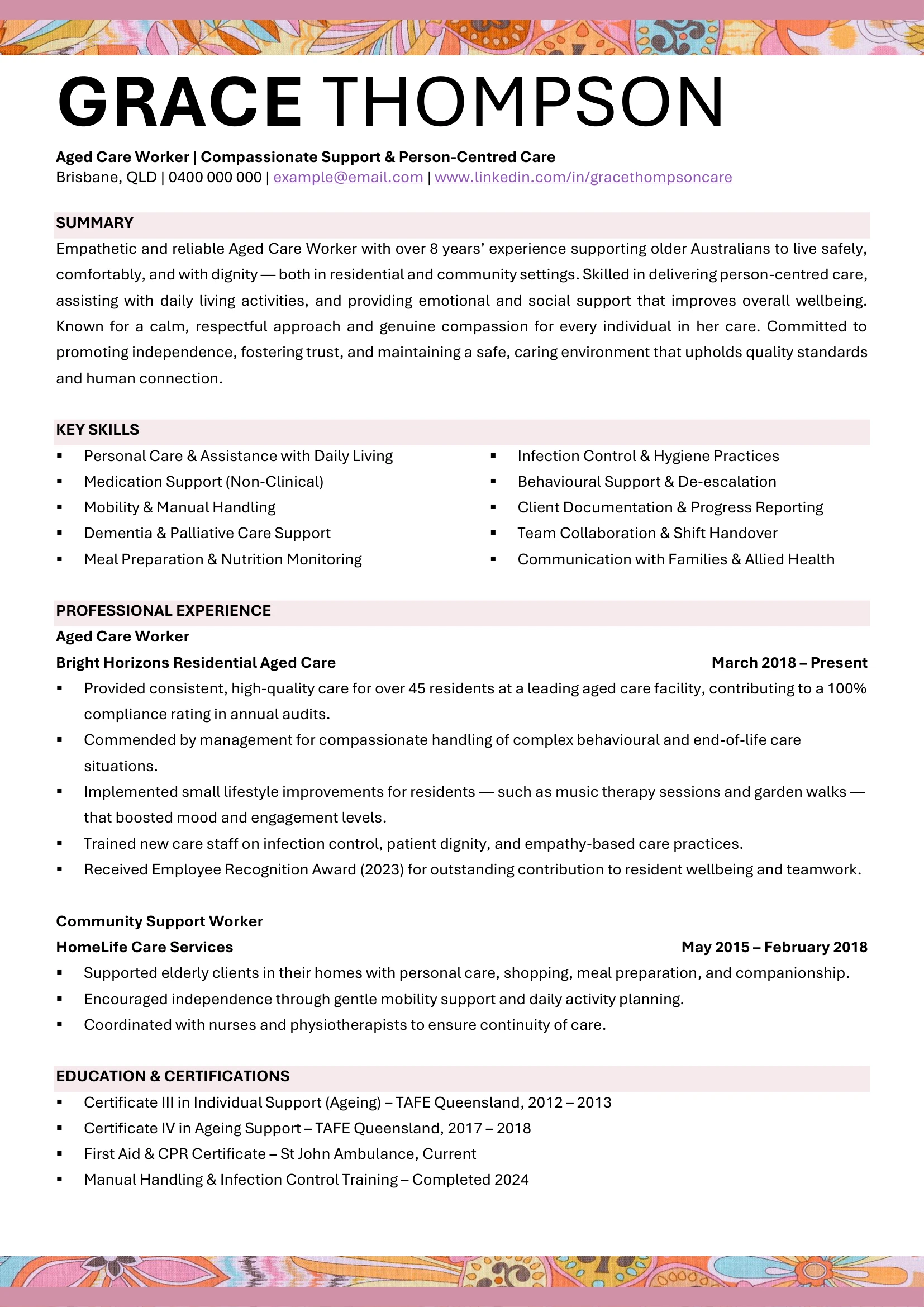 Aged Care Worker resume template displaying person-centred care achievements.