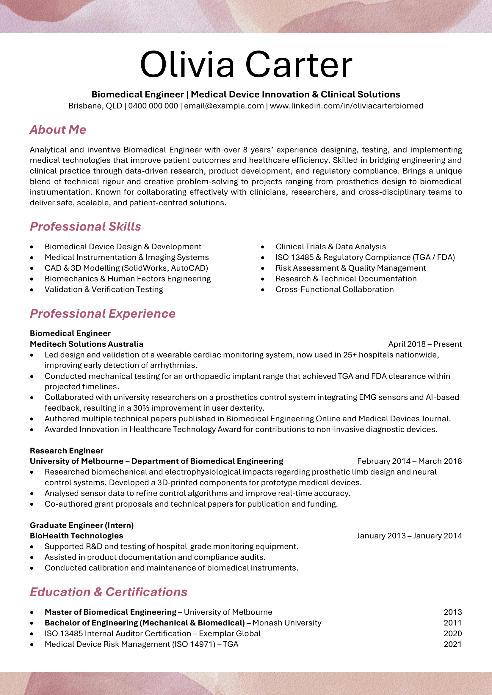 Biomedical Engineer resume template showing device development milestones.
