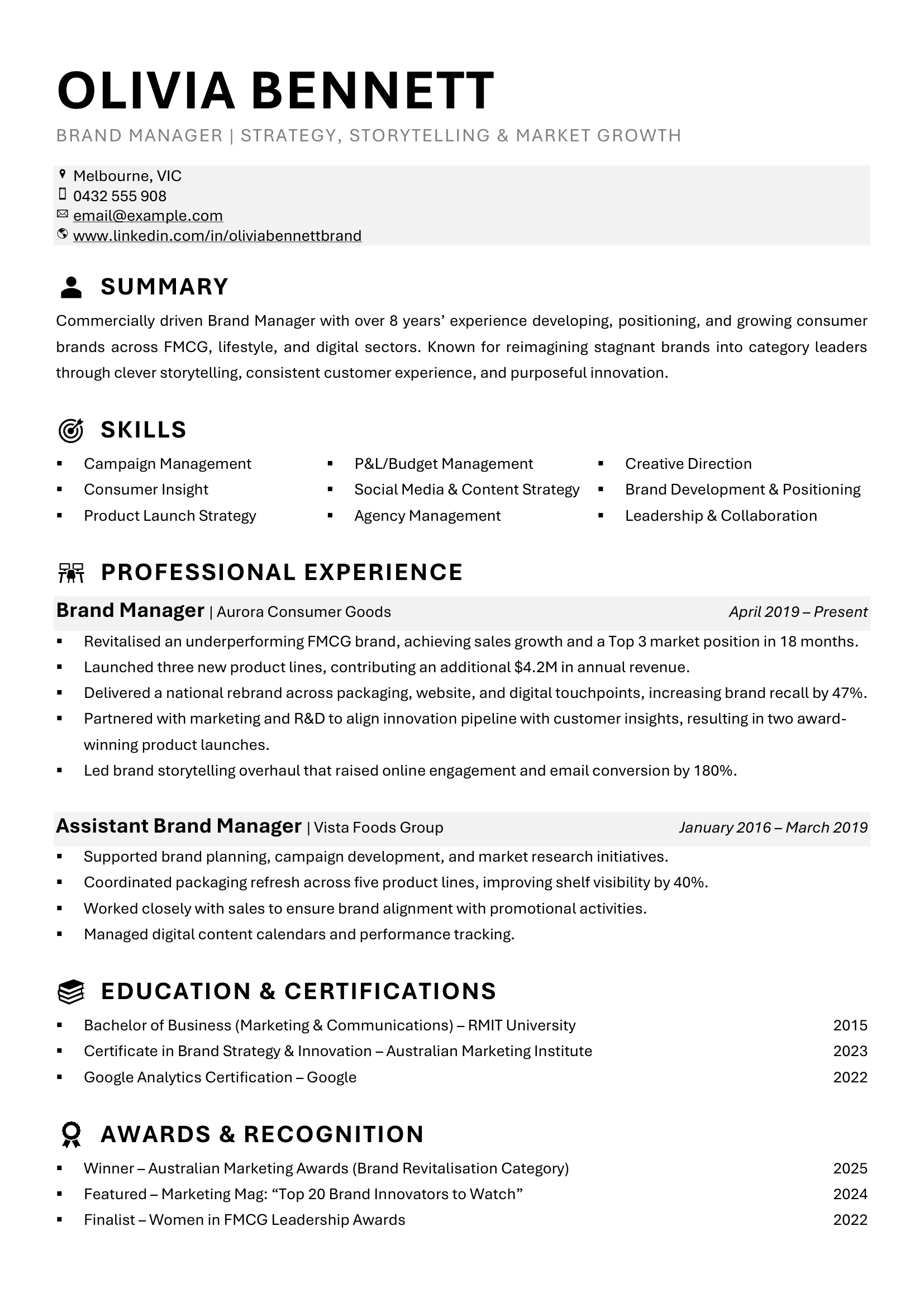 Brand Manager resume template showcasing campaign metrics and brand strategy.