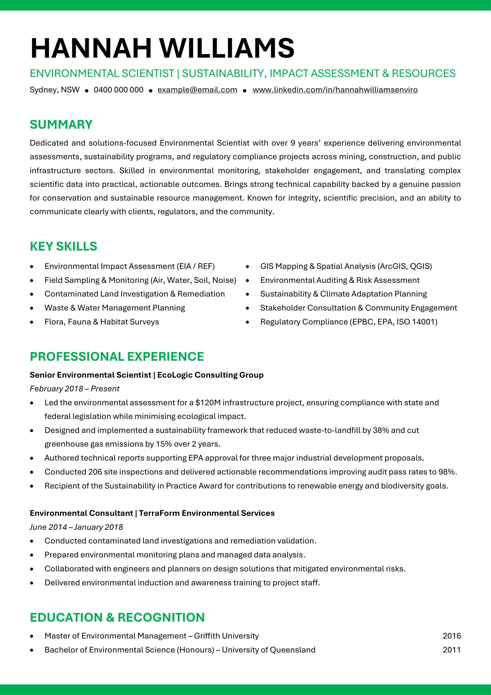 Environmental Scientist resume template featuring sustainability metrics.