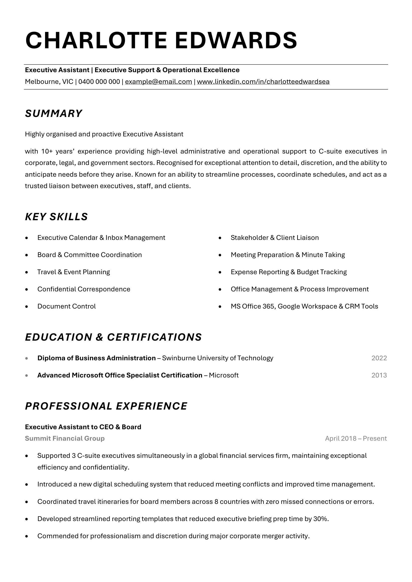 Executive Assistant resume template illustrating executive support achievements.