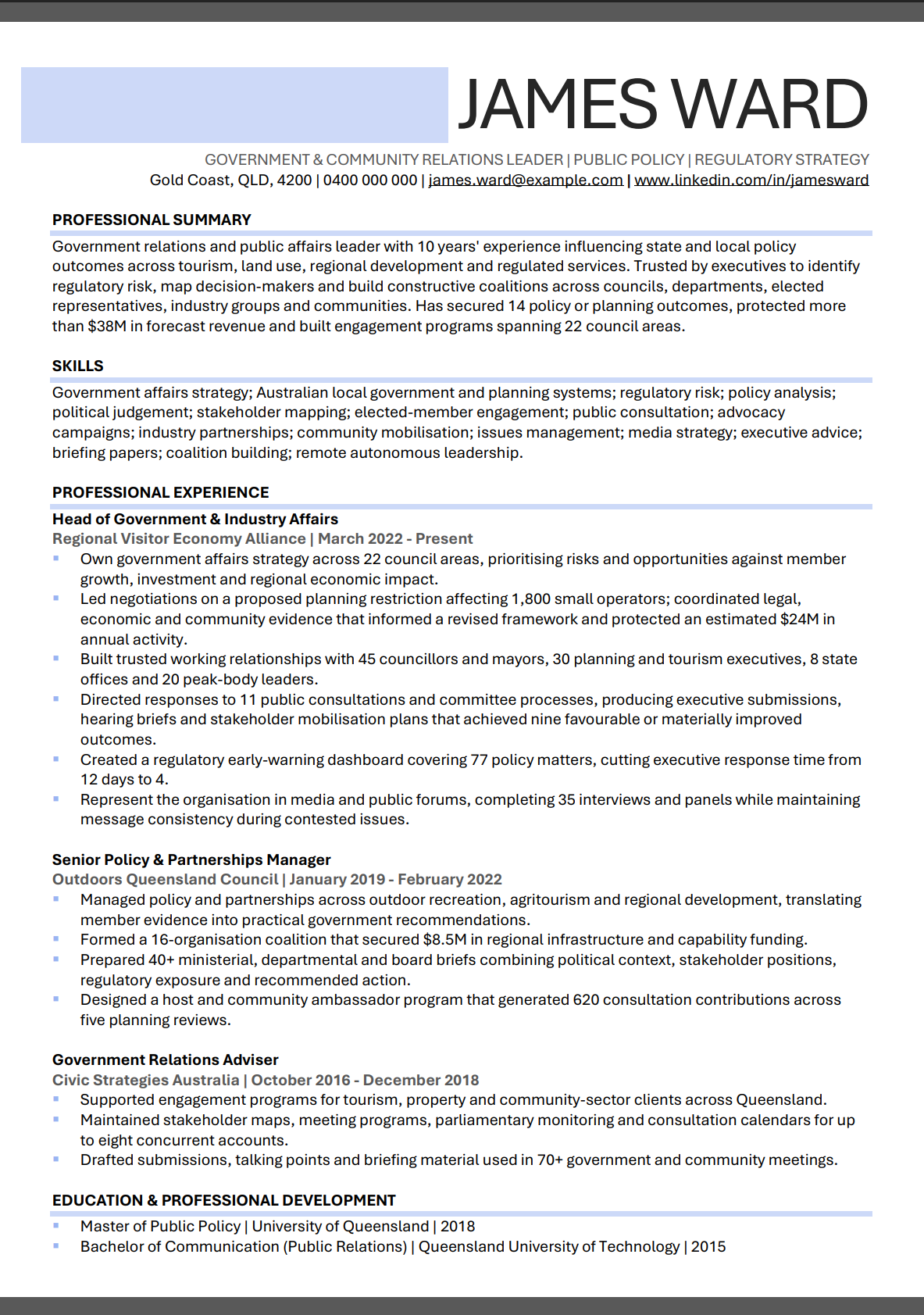 Preview of the Government and Community Relations Leader resume template featuring policy, advocacy and stakeholder achievements.