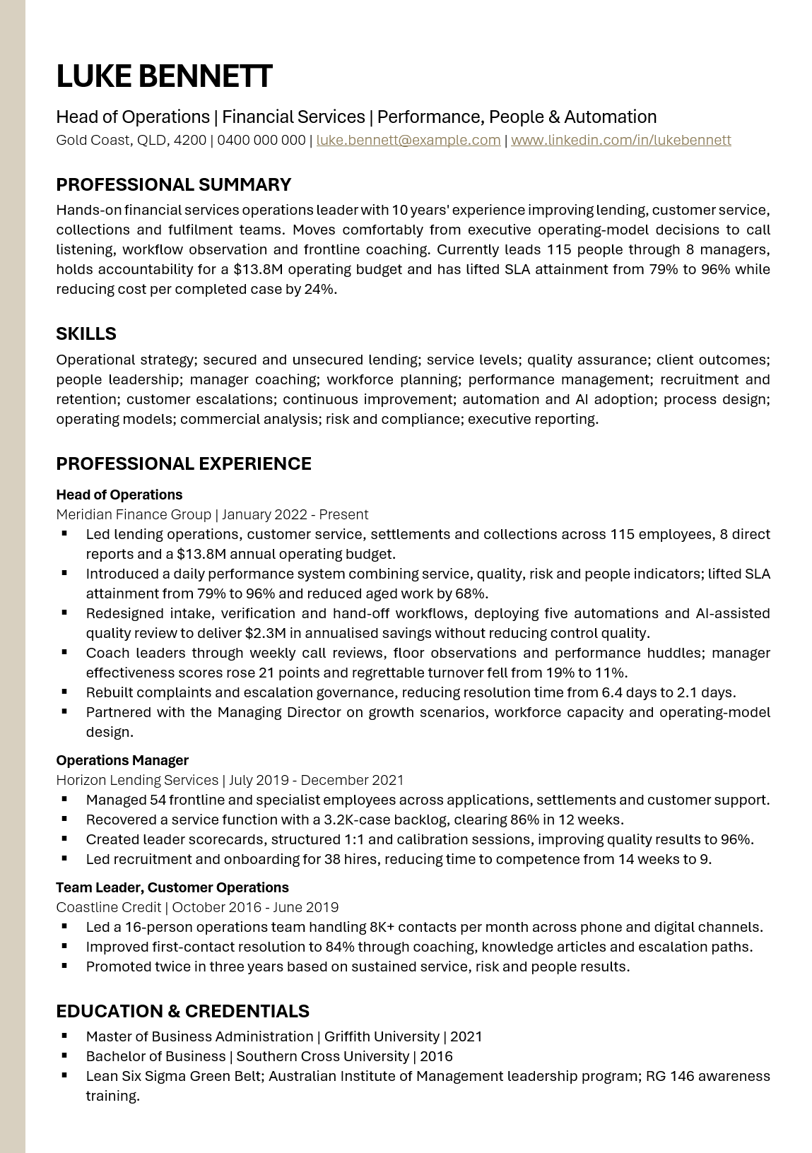 Preview of the Head of Operations resume template featuring operational performance, leadership and transformation achievements.