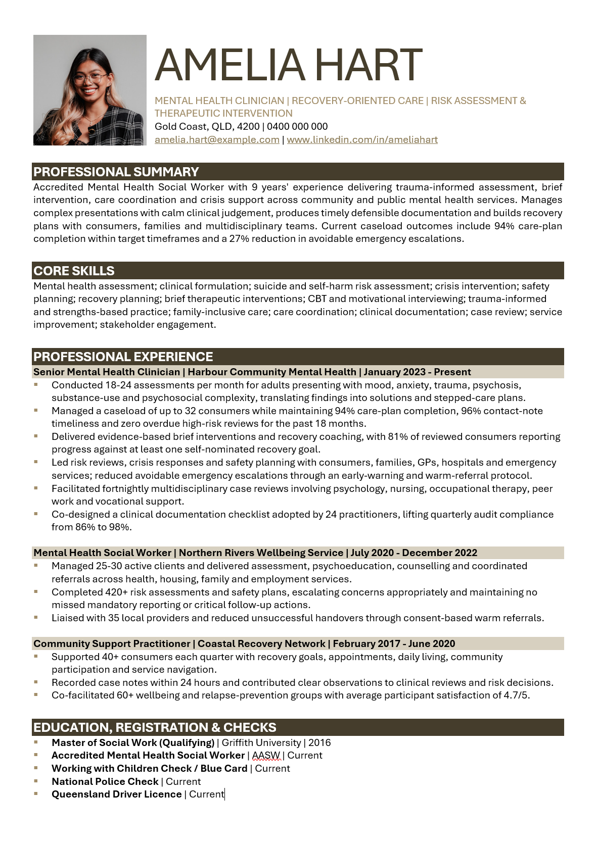 Preview of the Mental Health Clinician resume template with clinical achievements and recovery-focused experience.