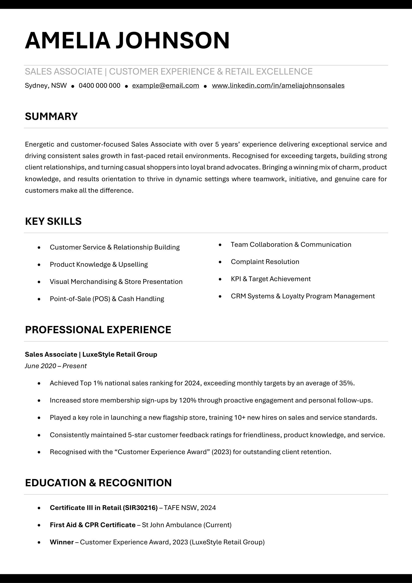 Sales Associate resume template with customer satisfaction and sales metrics.